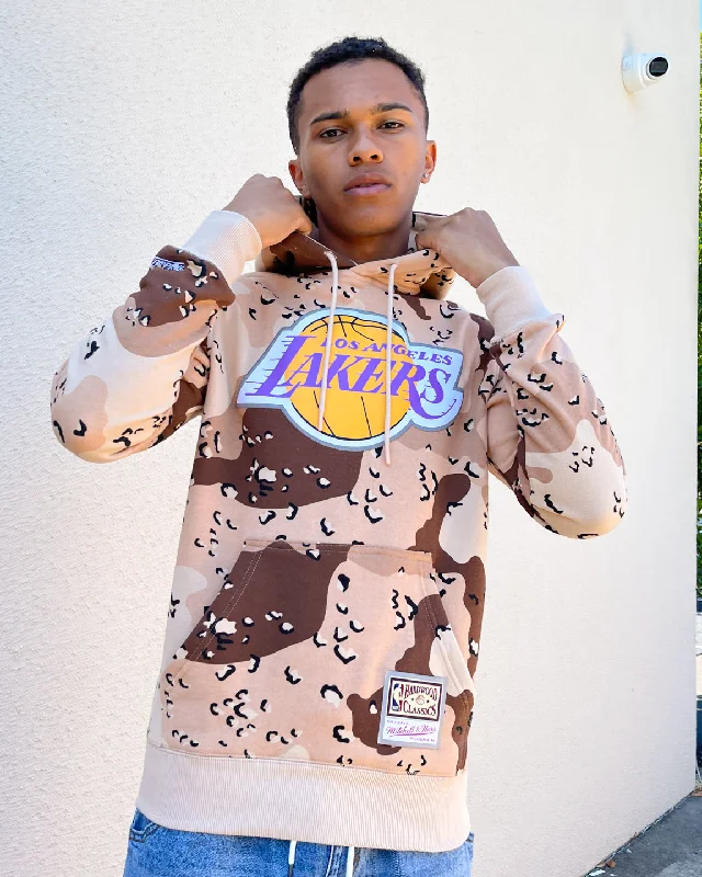 Mitchell & Ness Los Angeles Lakers Camo Reflective Hoodie Sand Camo Hoodie with Hem Frayed Vintage Worn