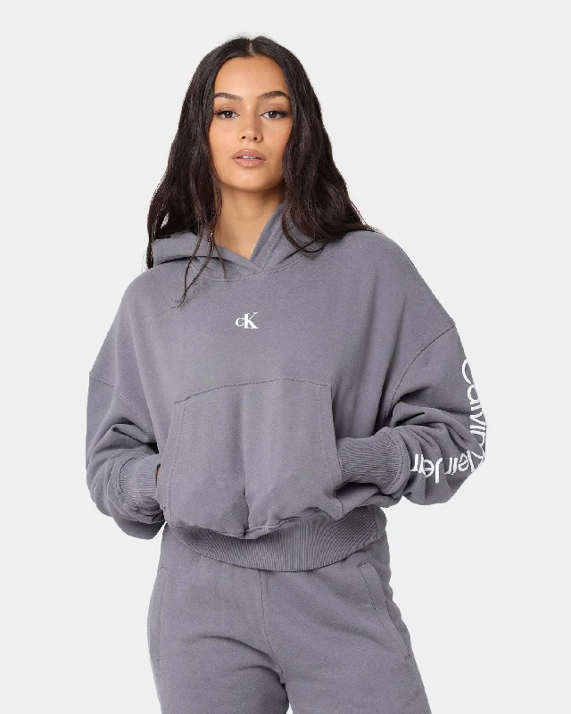 Calvin Klein Women's Back 2Tone Monogram Hoodie Fossil Grey Hoodie with V-Neck Classic Versatile