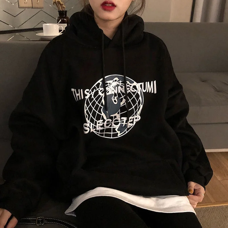 Wjczt American Vintage Black Loose Pullover Fashion Letter Printing Sweatshirt High Street Lazy Casual Raglan Sleeves Hoodie Spring Hoodie with Toggle Buttons Decorative Unique