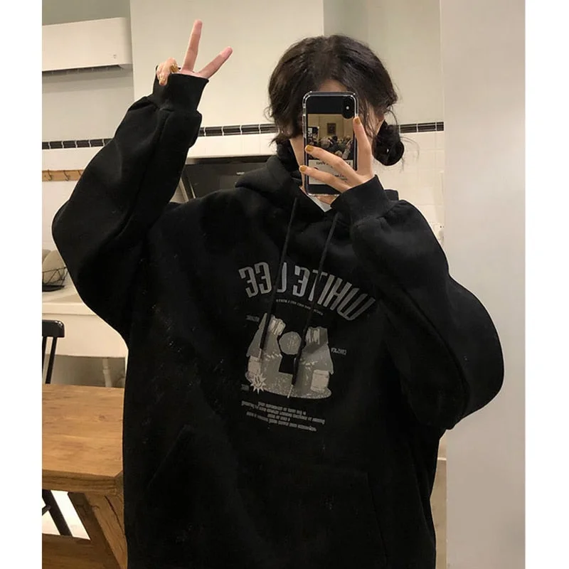 Wjczt American Black Baggy Pullover Fashion Letter Printing Fleece Sweatshirt Lazy Wind Raglan Sleeves Drawstring Hoodie Autumn Winter Hoodie with Magnetic Closure Innovative Modern