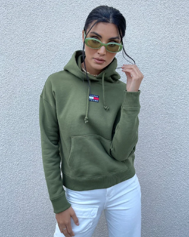 Tommy Jeans Women's Center Badge Hoodie Northwood Olive Hoodie with Applique Textured Unique