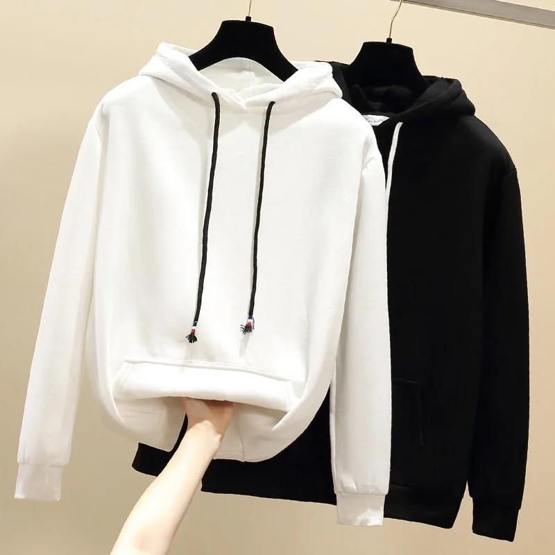 Wjczt Autumn Winter Thick Women Hoodies Sweatshirts Plus Velvet Casual Oversize Pullovers Loose Hooded Female Tops Black White Hoodie with Crew Neck Simple Timeless