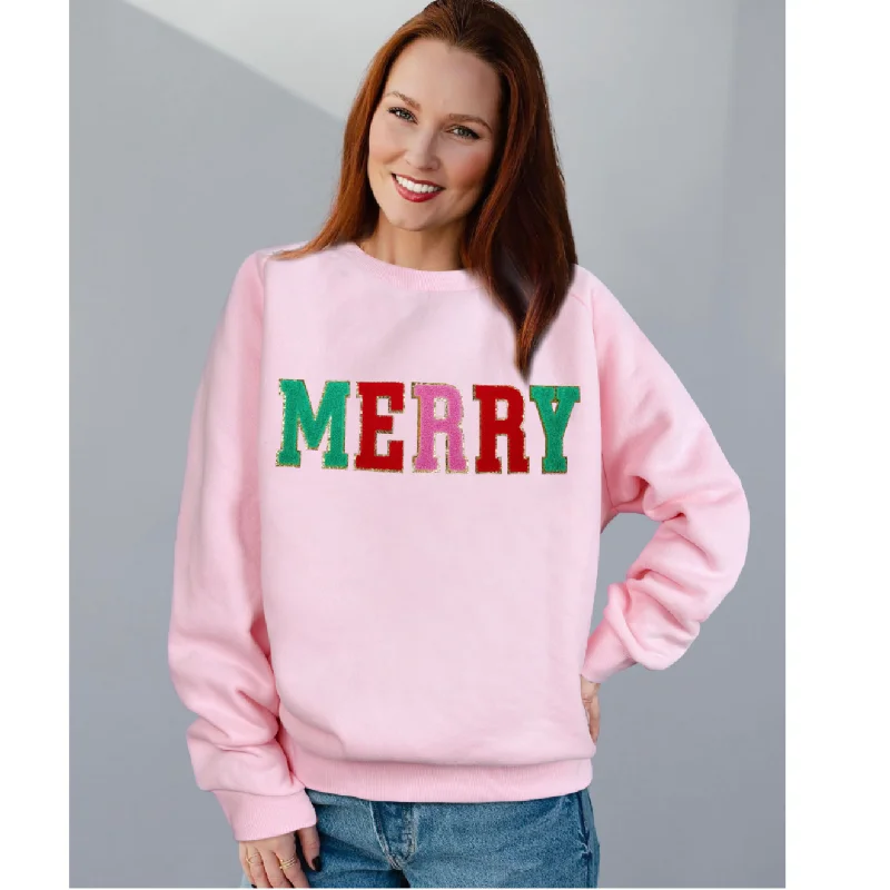 MERRY Chenille Letter Sweatshirt - Pink Hoodie with Pastel Soft Subtle