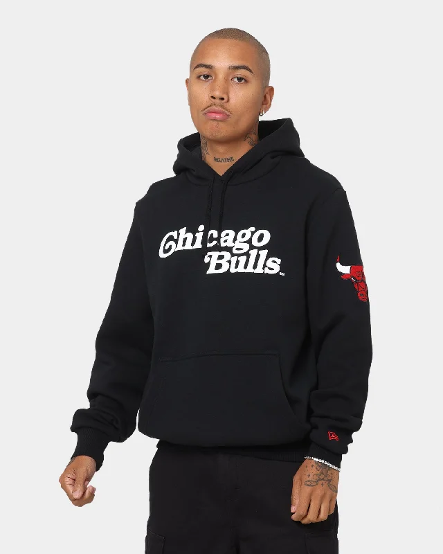 New Era Chicago Bulls Puff Print Hoodie Black Hoodie with Button Placket Classic Preppy