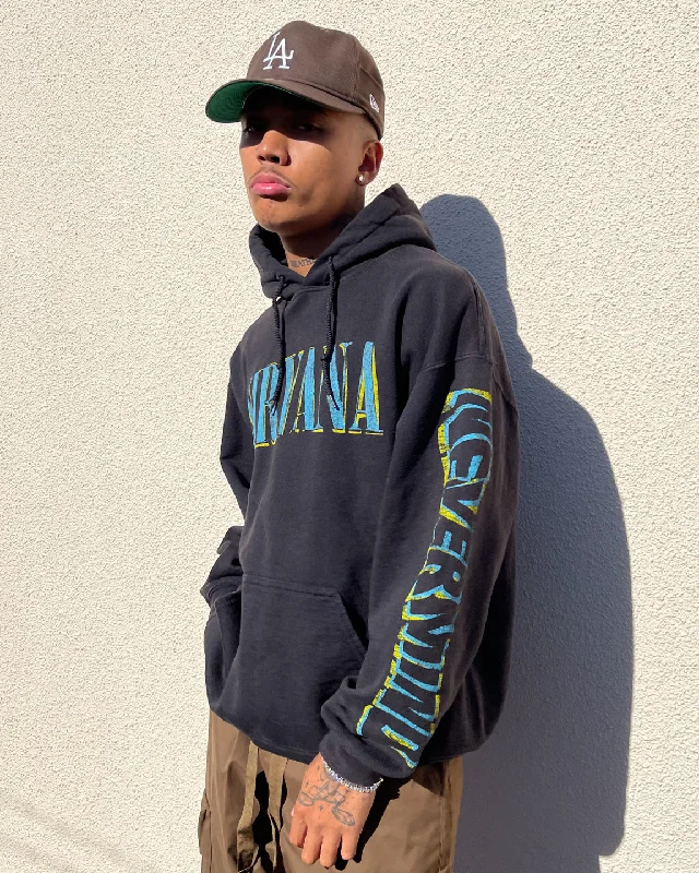 Nirvana Nevermind Hoodie Black Wash Hoodie with Hem Applique Textured Unique