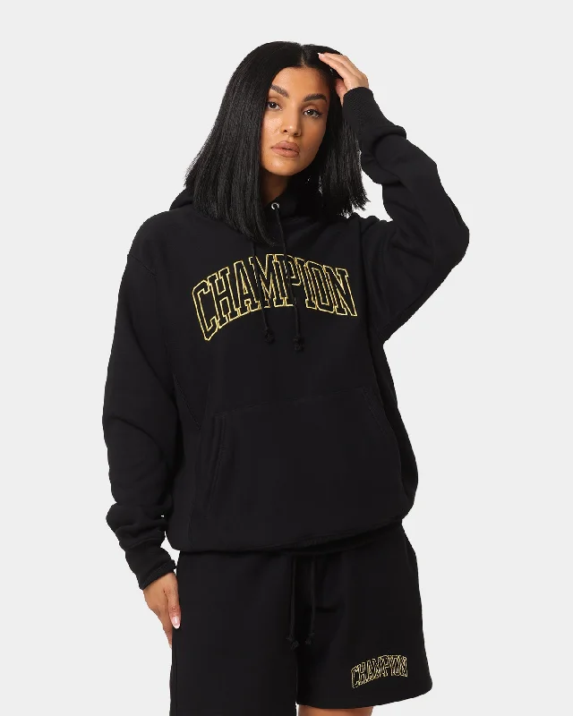 Champion Reverse Weave Varsity Hoodie Black Hoodie with Hem Contrast Bold Stylish