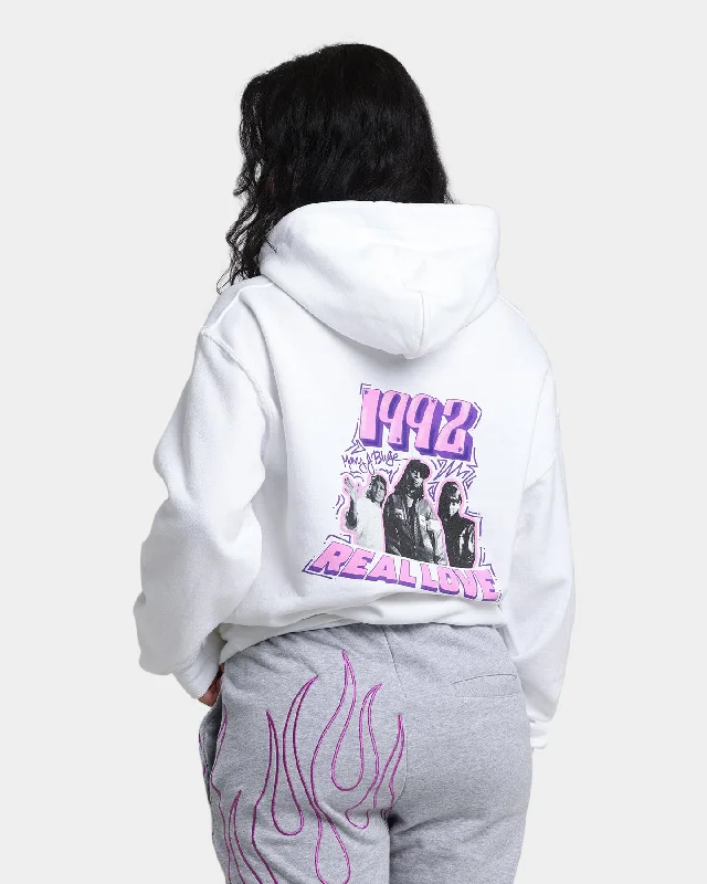 Mary J. Blige Real Love Hoodie White Hoodie with Mock Neck Collared Structured