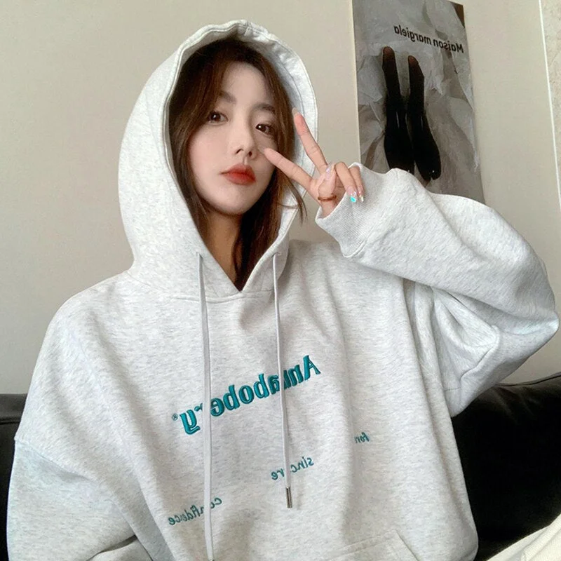 Wjczt American Grey Baggy Pullover Fashion Letter Embroidery Fleece Sweatshirt Lazy Wind Raglan Sleeves Drawstring Hoodie Winter Top Hoodie with Snap Buttons Easy Quick