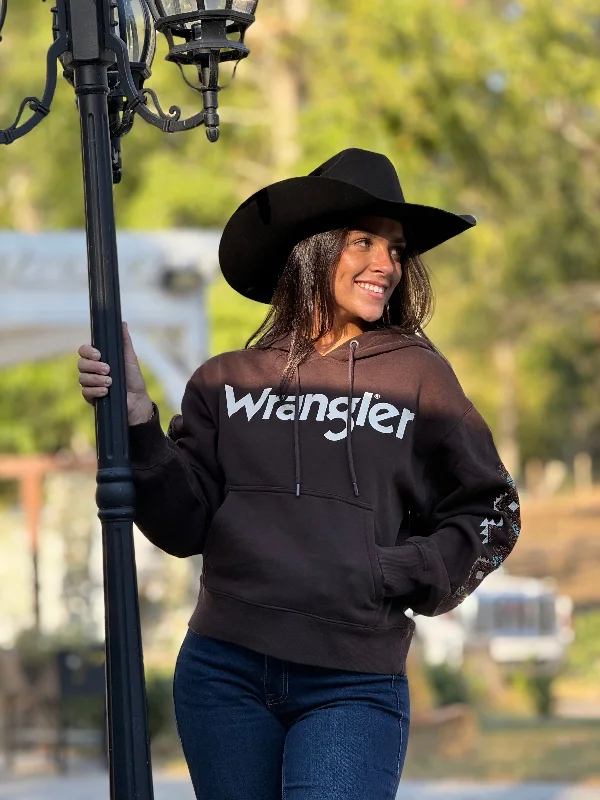 WRANGLER HOODIE FOR WOMEN BROWN W/ AZTEC SLEEVE Hoodie with Cuffed Sleeves Snug Secure