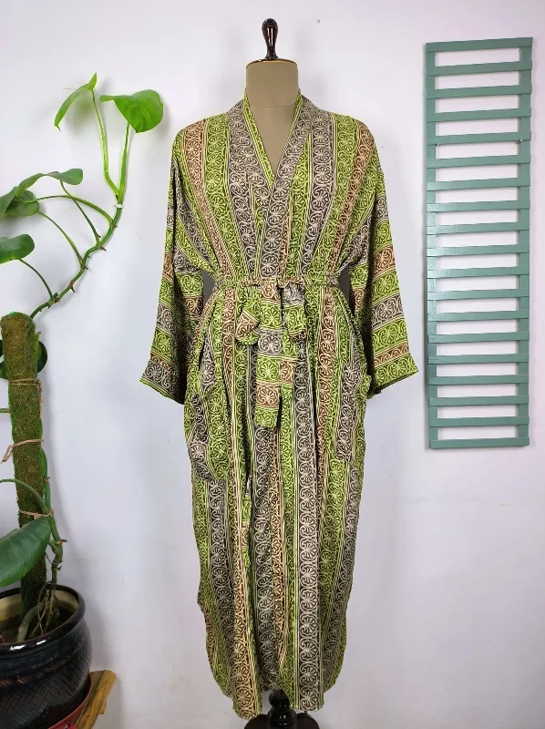 Upcycle Boho Chic Coverup Recycle Silk Sari Kimono Gorgeous Wardrobe Vintage Elegance House Robe | Duster Cardigan Gray Green Stripes Motifs Faux Fur Fabric Real Fur Fabric Shearling Fabric