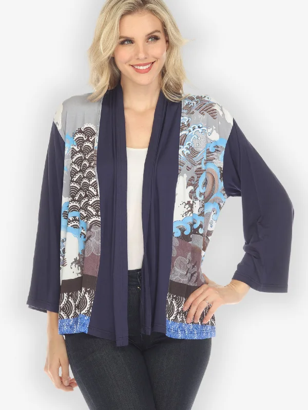 Waves and Cranes Cardigan in Blue Spandex Rayon Corduroy