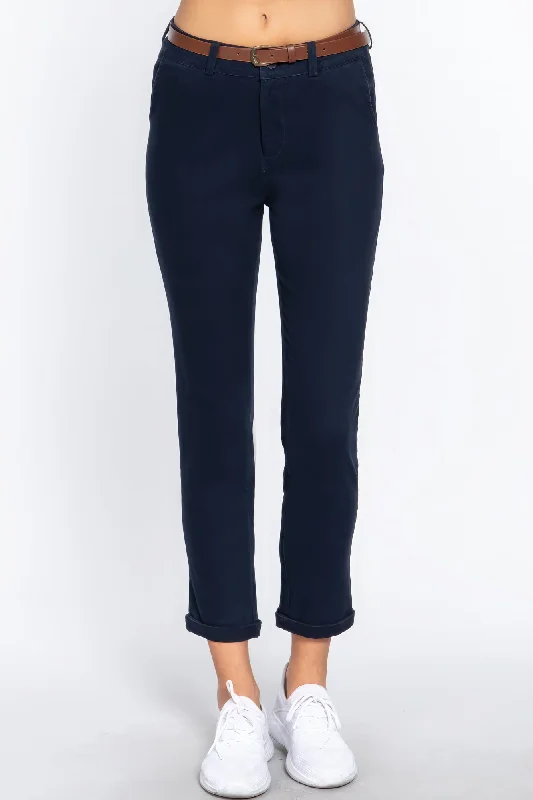 Cotton-span Twill Belted Long Pants Soft Stretch Trousers