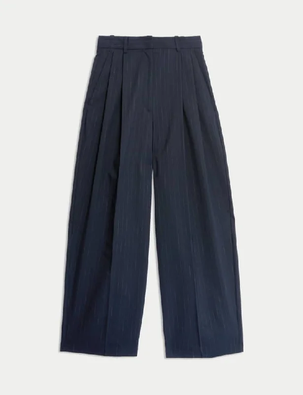 Pinstripe Pleat Front Wide Leg Trousers Chinos Cotton Straight Leg