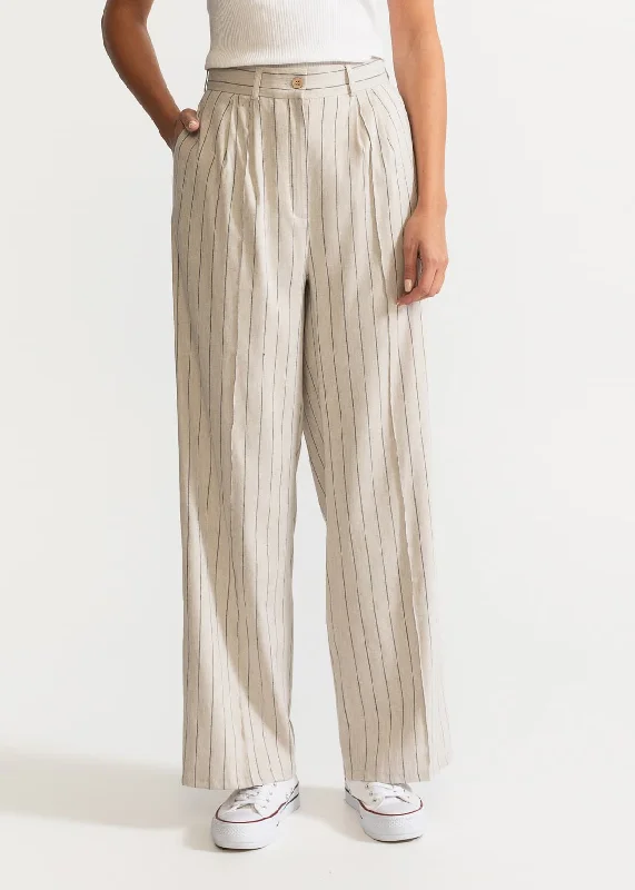 Women's Figa Linen Trousers Beige Stripes Trousers High Rise Slim Fit