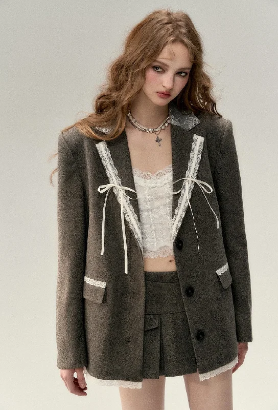 Lace Bow Woolen Suit Jacket VIA0013 V-Neck Jacket Boat Neck Jacket Square Neck Jacket