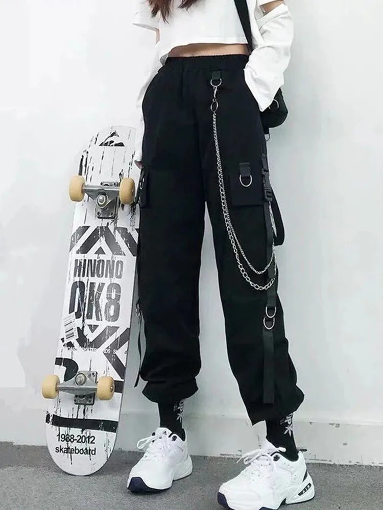 Women Cargo Pants  Harem Pants Fashion Punk Pockets Jogger Trousers With Chain Harajuku Elastics High Waist Streetwear Trousers Summer Linen