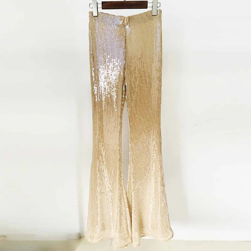 Womens Gold Bling Gold Party Pants Sparkle Sequin Stretch Mesh Flared Pants Wide-Legged Palazzos