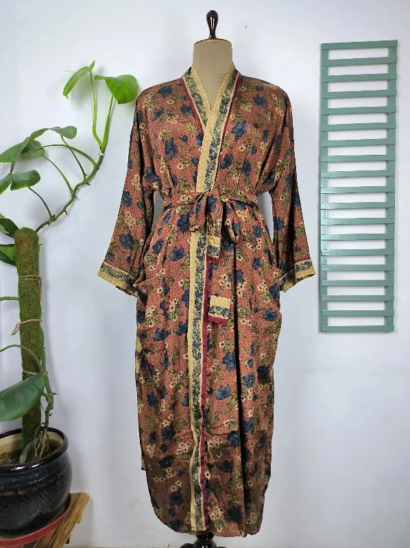 Upcycle Boho Chic Coverup Recycle Silk Sari Kimono Gorgeous Wardrobe Vintage Elegance House Robe | Duster Cardigan Botanical Blossom Floral Cotton Fabric Linen Fabric Terry Fabric