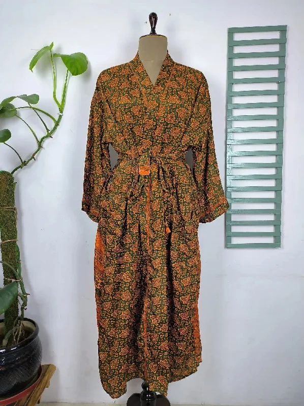 Upcycle Boho Chic Coverup Recycle Silk Sari Kimono Gorgeous Wardrobe Vintage Elegance House Robe | Duster Cardigan Botanical Blossom Leafs Satin Fabric Silk Fabric Chiffon Fabric