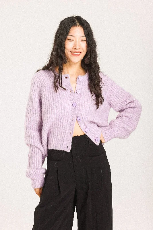 Janet Ribbed Alpaca wool  Knit Cardigan - Purple Fitted Slim Tailored