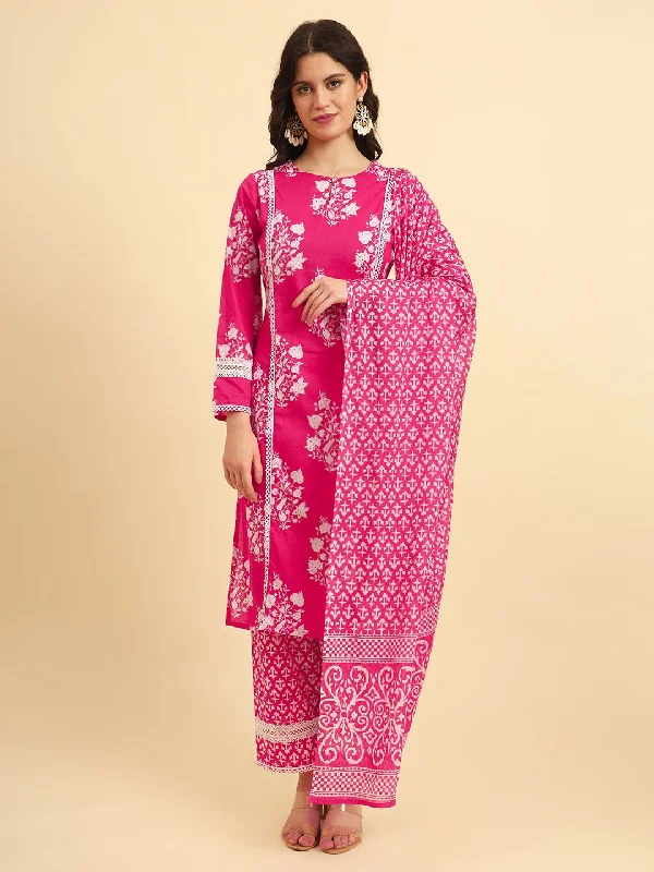 Yufta Pink Pure Cotton Floral printed Kurta With Trousers Dupatta Set Trousers Satin Smooth