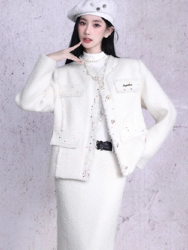 White Small Fragrance Colored Dot Tweed Jacket/Skirt FRA0081 V-Neck Jacket Boat Neck Jacket Square Neck Jacket