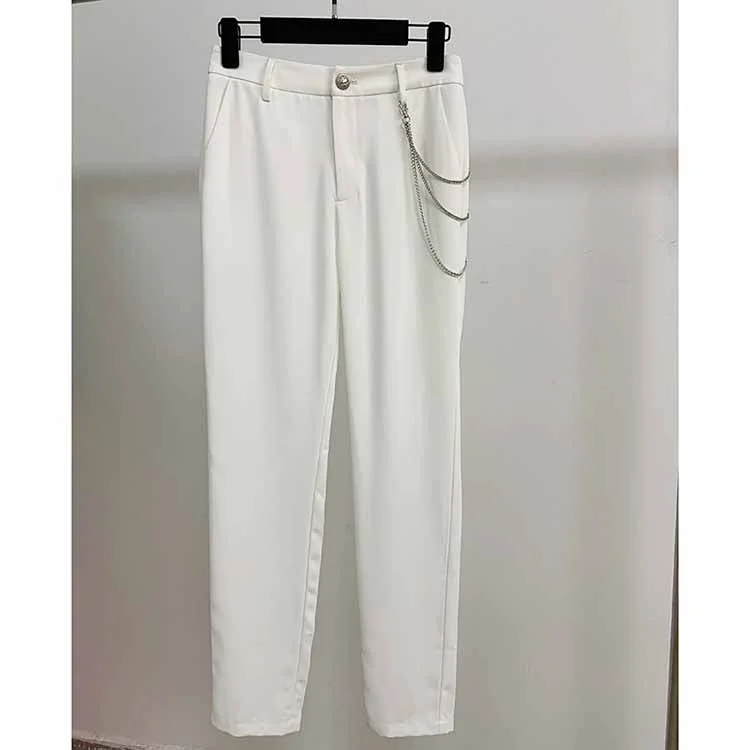 Women White Hight Waisted Formal Pants with Chain Pencil Pants Stretch Fit Pants