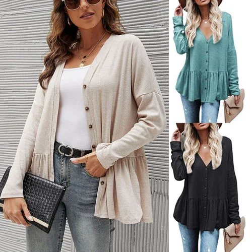 Women Mid-length Single-breasted Buttoned Long-sleeved Cardigan Irregular Hem Tops Mesh Fabric Canvas Fabric Denim Fabric