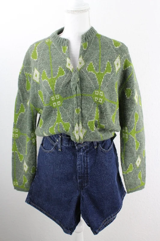 Vintage Green Cardigan (L) Collared Crew Neck Turtle Neck