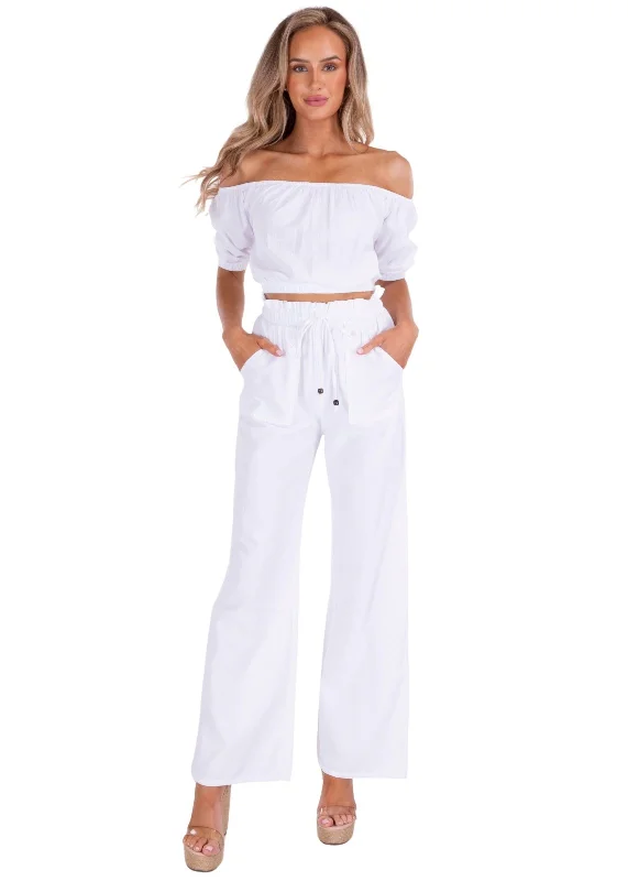 'Valeria' Paperbag Waist Wide Leg Pants White Trendy Printed Pants