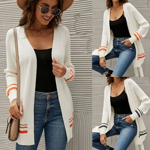 Women Color Contrast Long Cardigan Sweater Nylon Fabric Polyester Fabric Spandex Fabric