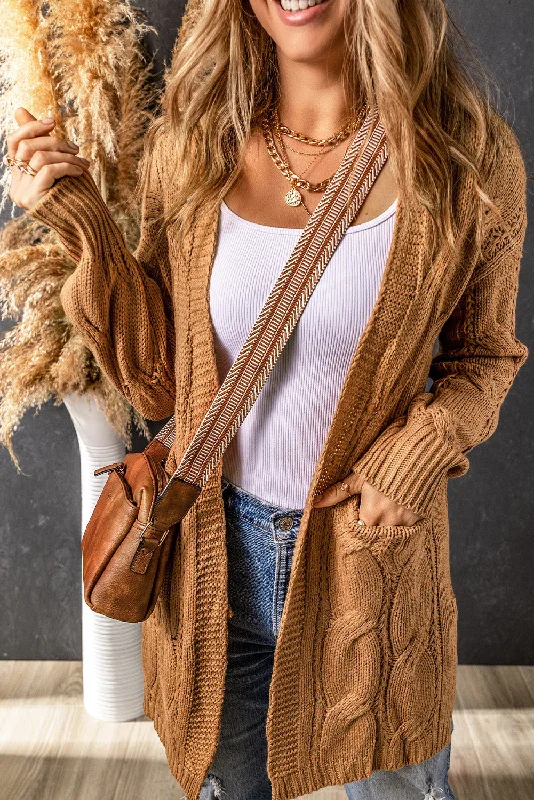 Cable Knit Cardigan - Khaki Lace Blend Ribbed Blend Corduroy Blend