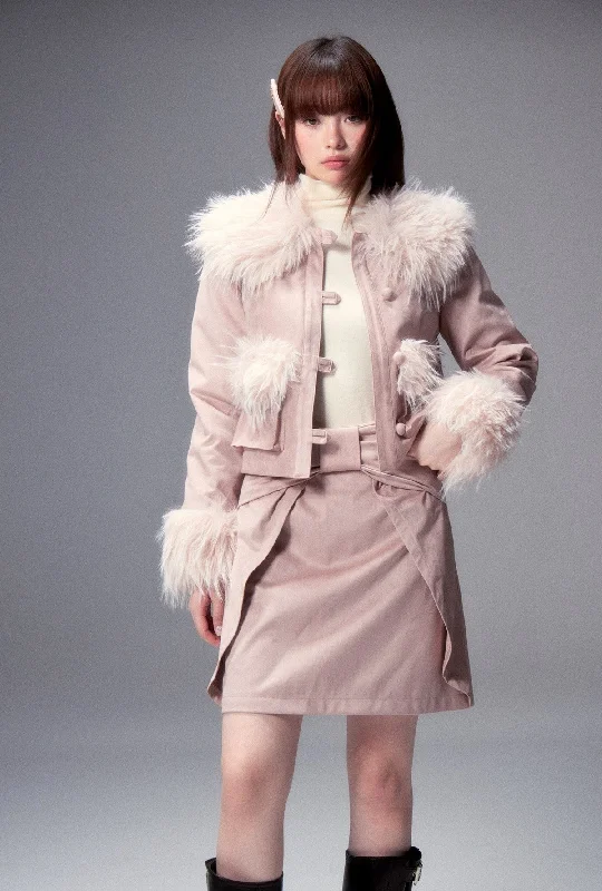 Long Fur Collar Suede Jacket/Skirt LOS0007 Ribbed Jacket Pleated Jacket Ruffled Jacket