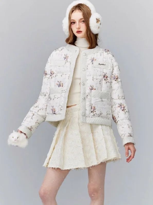 Pink Flowers Small Fragrance Splicing Cotton Short Jacket FRA0082 Quilted Jacket Puffer Jacket Insulated Jacket