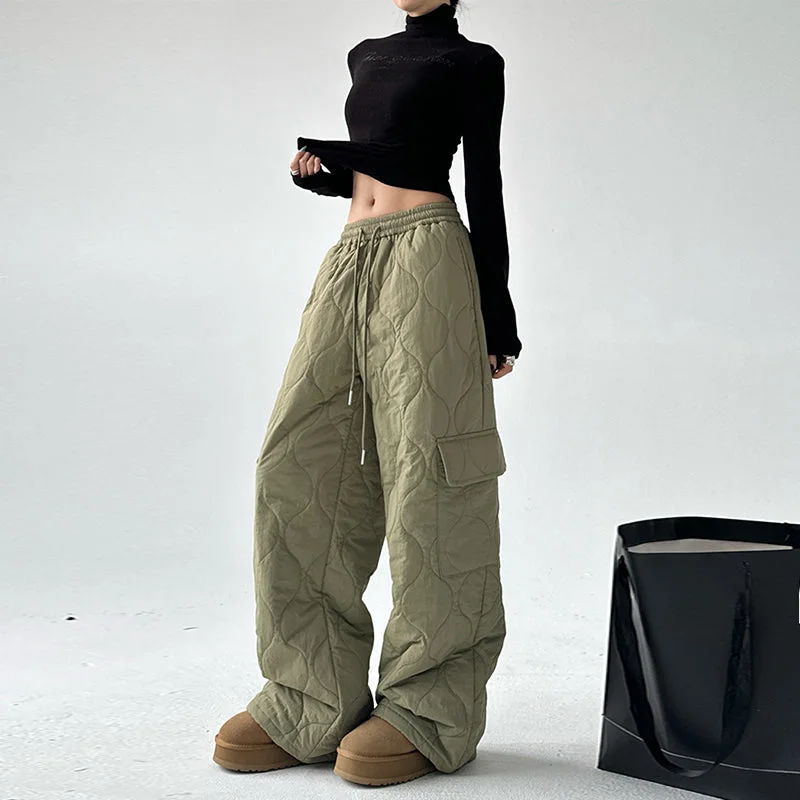 Multi-pocket Workwear Cotton Thickened Wide-leg Pants Chic Faux Leather Pants