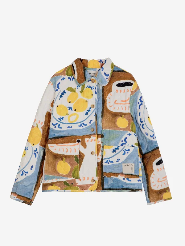 Abstract Tea Time Printed Quilted Jacket Denim Jacket Leather Jacket Suede Jacket