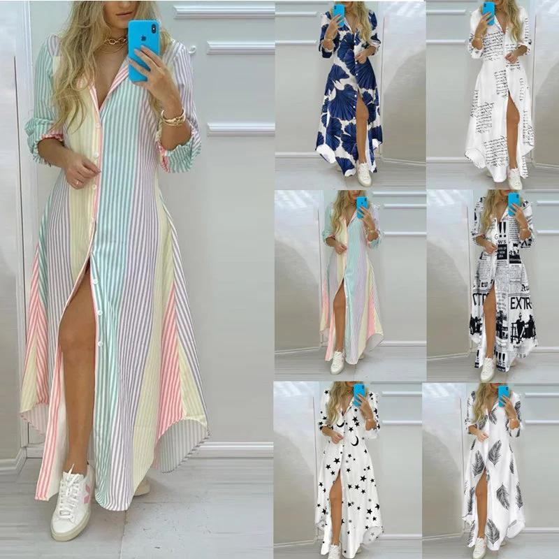 Wjczt Elegant Lapel Robe Women's Autumn Sundress 2022 Casual Long Sleeve Thin Maxi Vestidos Female Striped Shirt Cardigan Dress Transparent Opaque Sheer