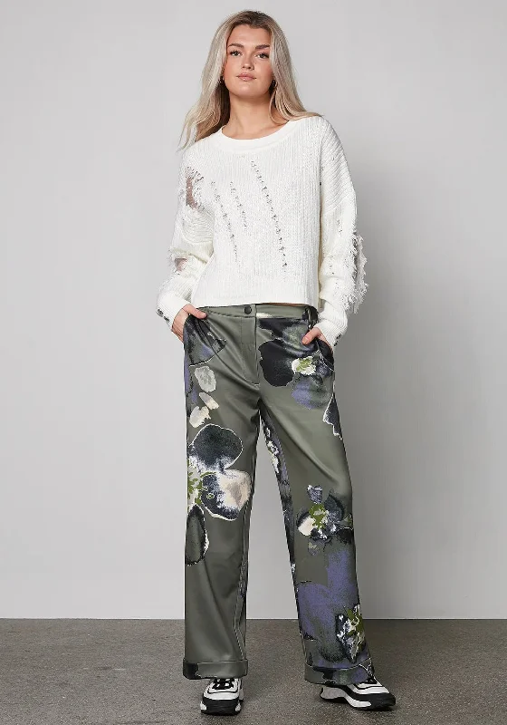 Nu Denmark Yoko Floral Print Trousers, Green Cropped Trousers Casual Linen