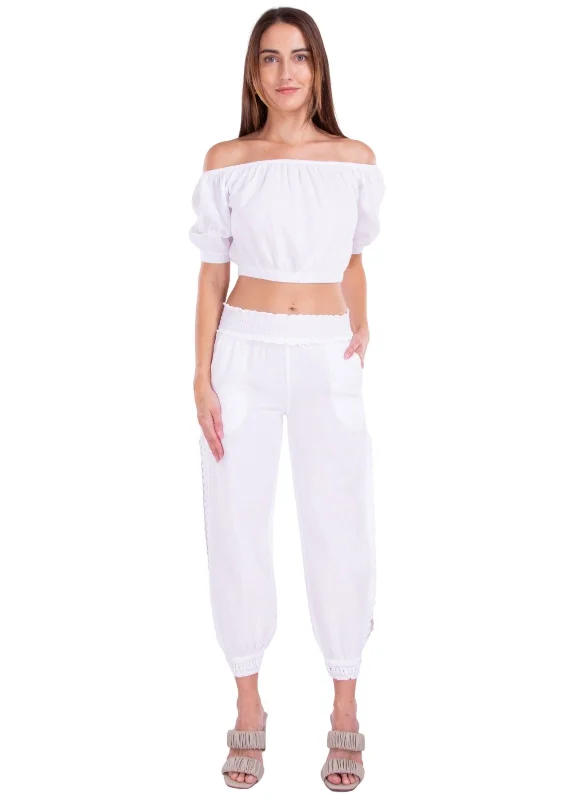 'Kinsley' Crochet Hem Side Slit Pants White High-Waist Jogger Pants