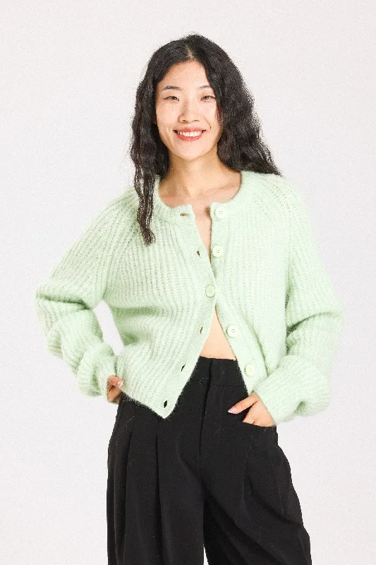 Janet Ribbed Alpaca Wool Knit Cardigan  - Lime Bright Pastel Dark