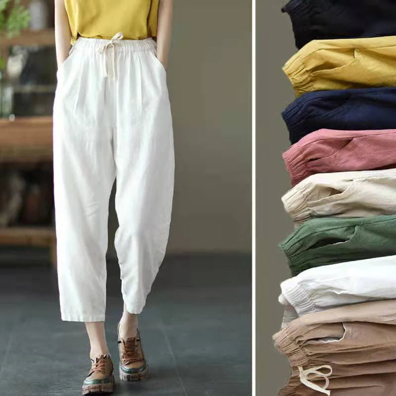 Solid Color Cotton and Linen Pants for Woman Vintage Loose Streetwear Harem Trousers Female Casual High Waist Drawstring Pants Trousers Wedding White