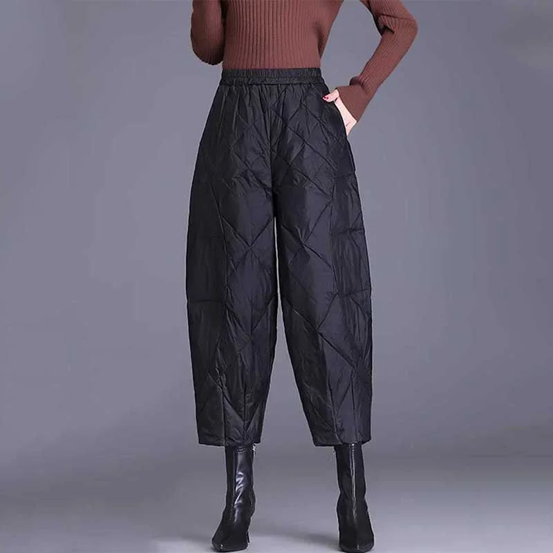 Diamond Check Elastic Waist Harem Pants Elegant Wool Trousers