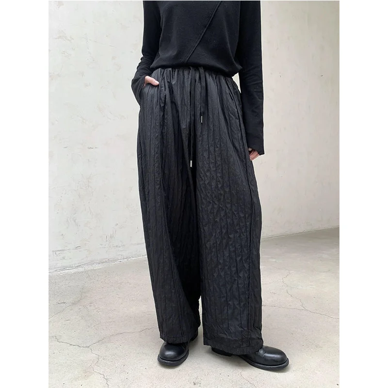 Vertical Thick Embossed High Waist Harem Pants Chic Checkered Pants