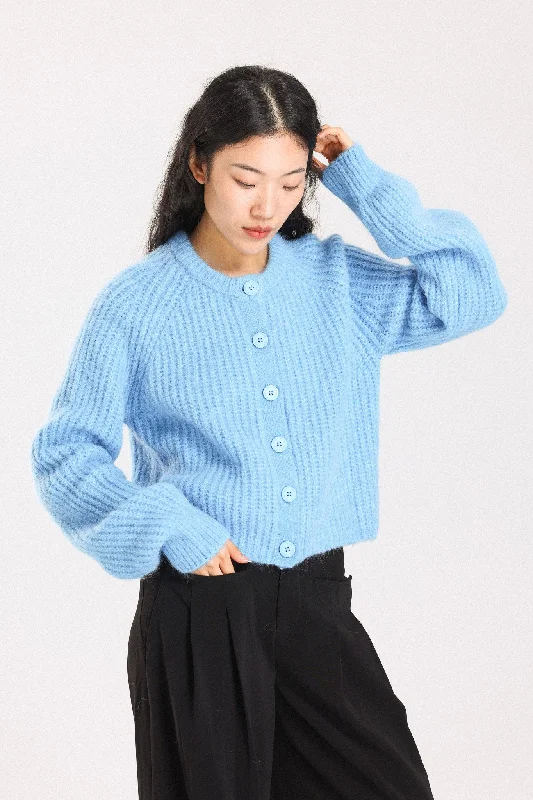 Janet Ribbed Alpaca wool  Knit Cardigan - Sky Thin Thick Dense