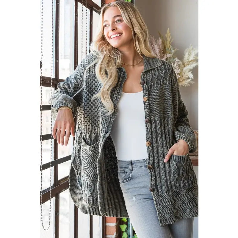 Charcoal Mineral Washed Sweater Cardigan Open Front Closed Front Wrap Front