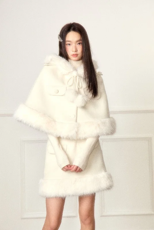 Hooded Fur Collar Woolen  Milk White Cloak Jacket/Skirt LOS0003 Faux Fur Jacket Real Fur Jacket Shearling Jacket