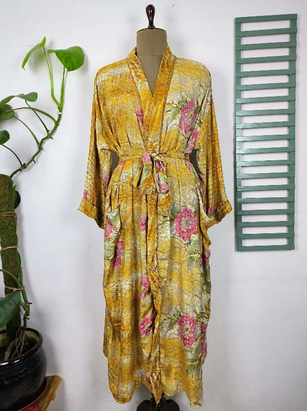 Upcycle Boho Chic Coverup Recycle Silk Sari Kimono Gorgeous Wardrobe Vintage Elegance House Robe | Duster Cardigan Yellow Hue Persian Floral Knit Fabric Woven Fabric Fleece Fabric