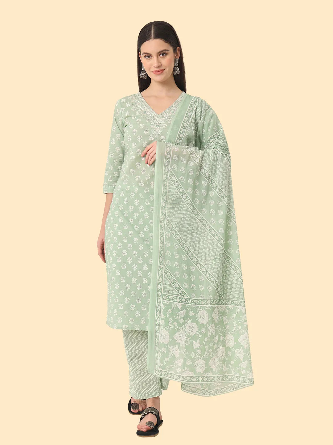 Yufta Green Ethnic Motifs Embroidered Regular Chikankari Pure Cotton Kurta with Trousers & With Dupatta Trousers Denim Distressed