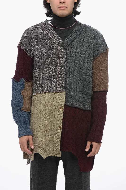 Dolce & Gabbana Wool Blend Patchwork Cardigan with Asymmetric Design Notch Collar Peter Pan Collar Cowl Neck