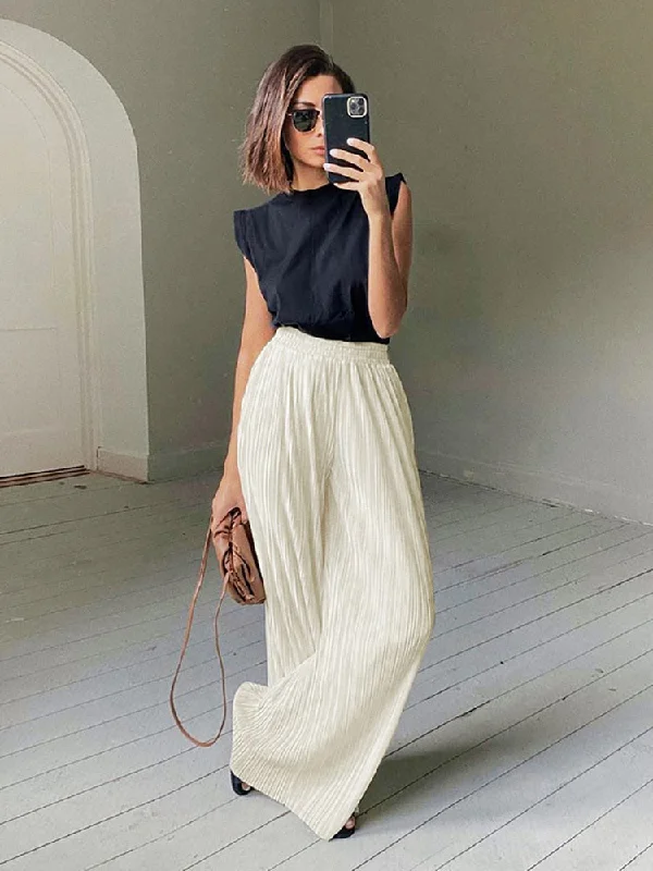 Mnealways18 Beige Pleated Wide Leg Pants Womens Pants Fashion 2022 Casual Loose Trousers Office Lady Elegant Long Palazzo Pants Trousers Silk Elegant